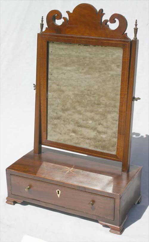 Beautiful 18thC period Chippendale mahog inlaid dr: Beautiful 18thC period Chippendale mahog inlaid dresser mirror on OG bracket feet w orig glass & ivory key hole escutcheon