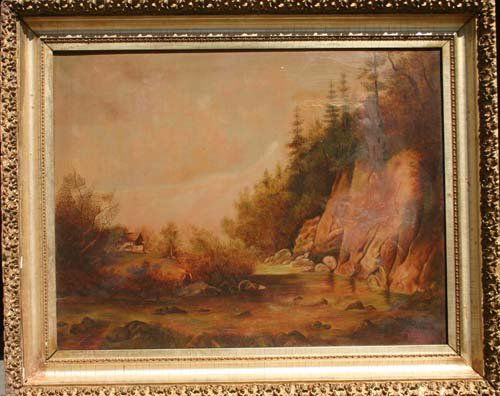 Theodore Clement Steele (1847-1926) 26x34 o/c dtd: Theodore Clement Steele (1847-1926) 26x34 o/c dtd 1914 landscape w figures in fancy frame