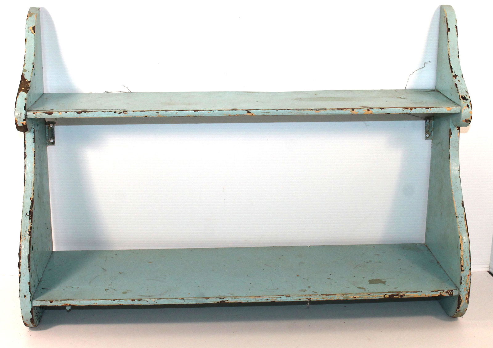 Antique 2 tier wall shelf w shaped sides in robins egg (1 of 3)