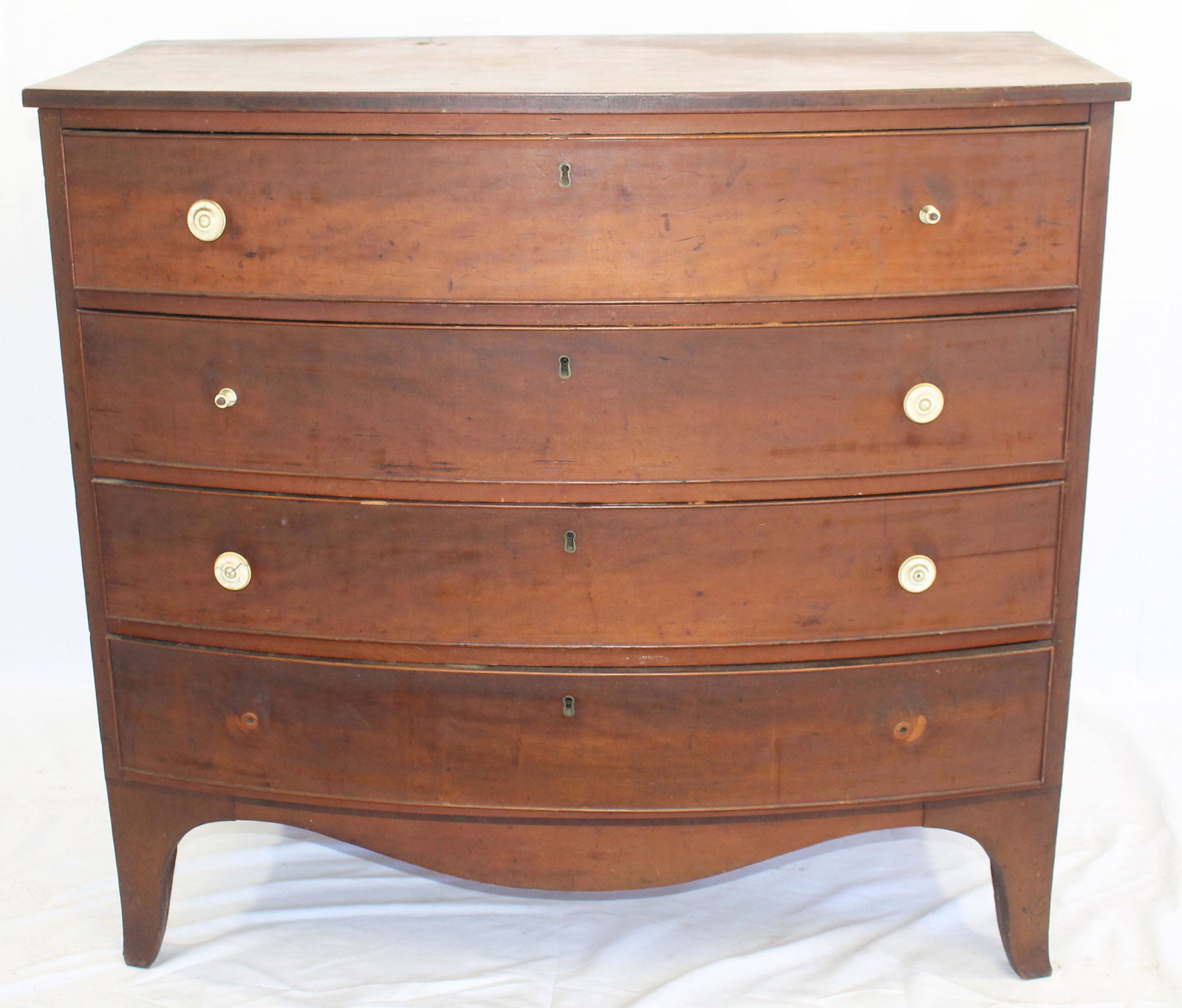 Hepplewhite bowfront 4 dr chest w bone knobs - as: Hepplewhite bowfront 4 dr chest w bone knobs - as found. From an Ackworth, NH estate - 40 1/2" wide x 37 1/2" tall x 22" deep