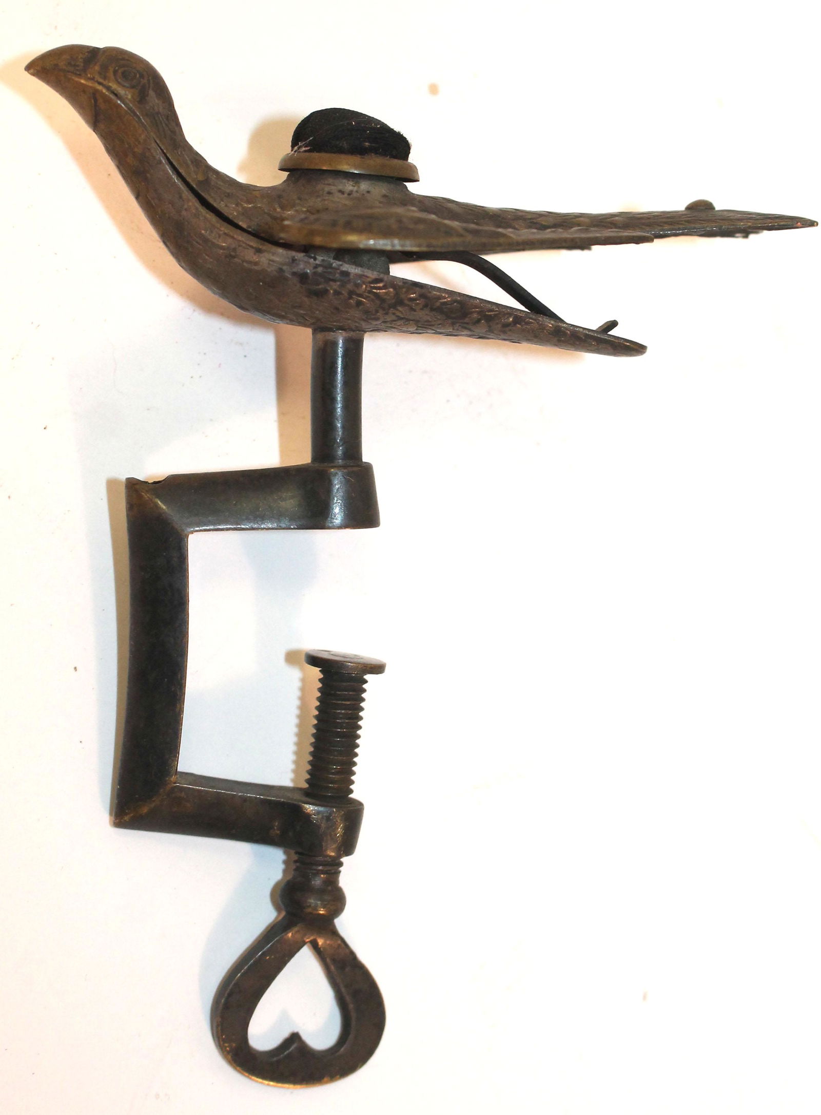 Antique sewing bird w heart thumb turn - approx 5" tall (1 of 3)