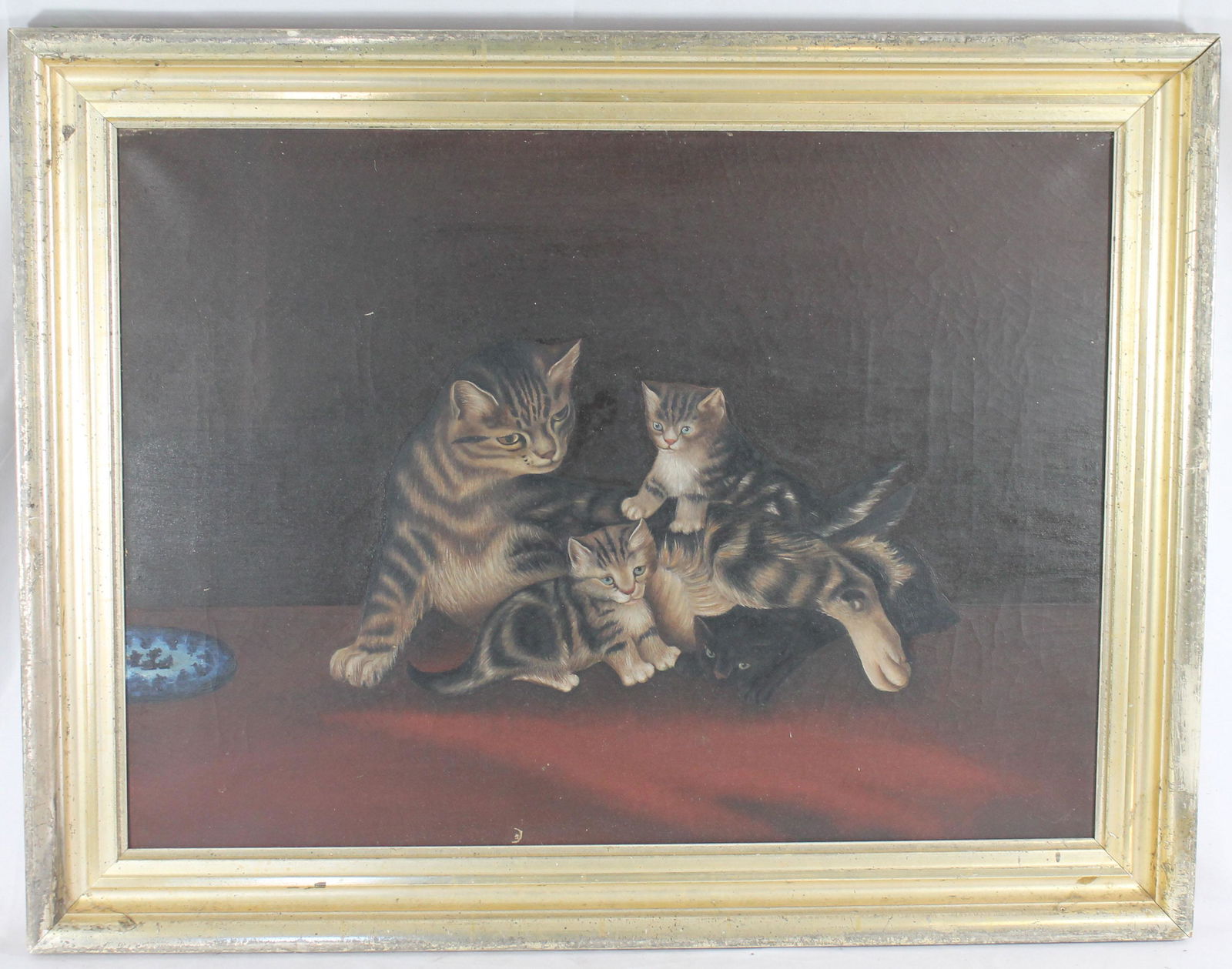 Antique 20"x27" o/c of a mother cat w kittens (1 of 4)