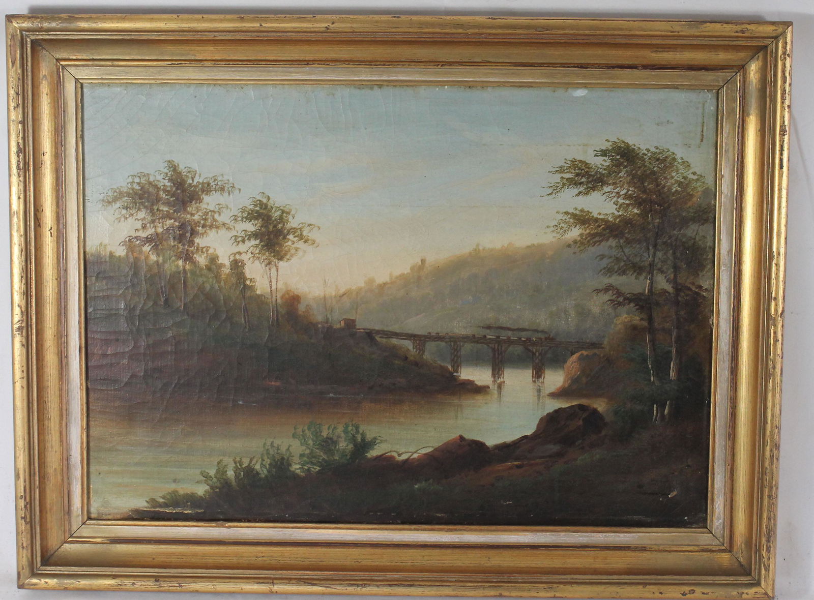 mid 19thC 14"x20" o/c Hudson River Valley scene w (1 of 7)