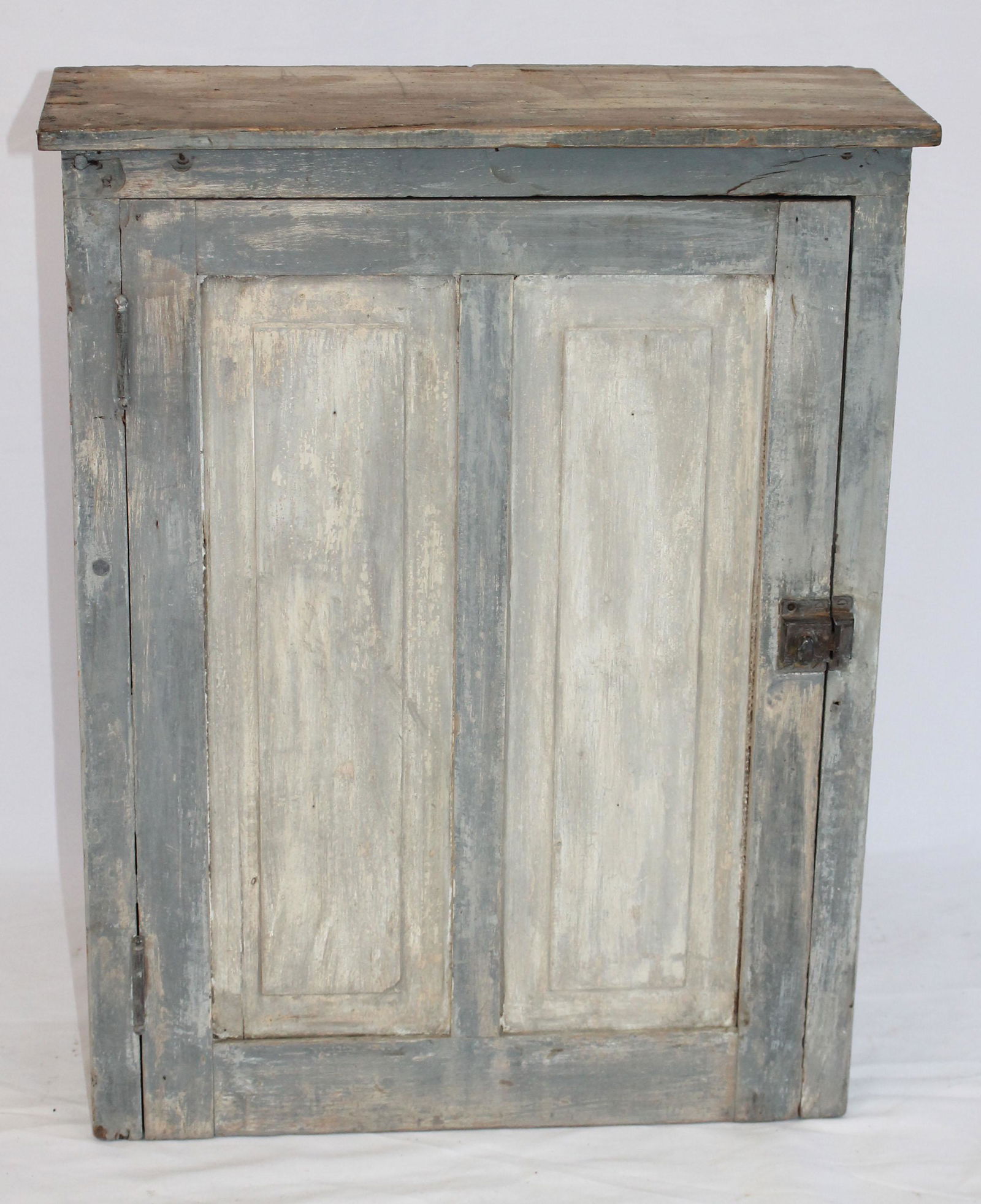 Antique 1 door hanging cupboard in gray paint with blue (1 of 3)