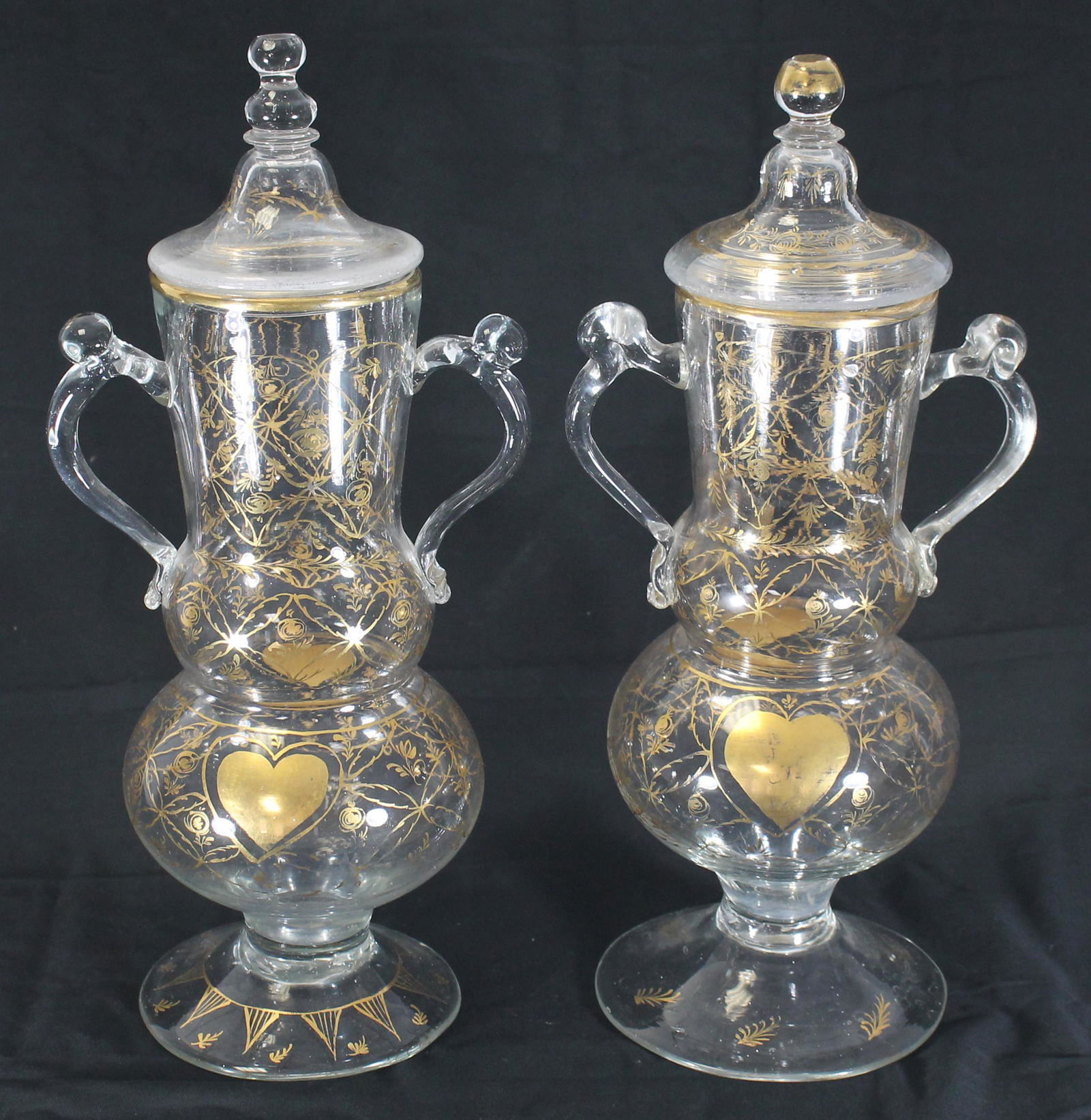 pr of antique gold decorated glass urns w heart motif - (1 of 9)