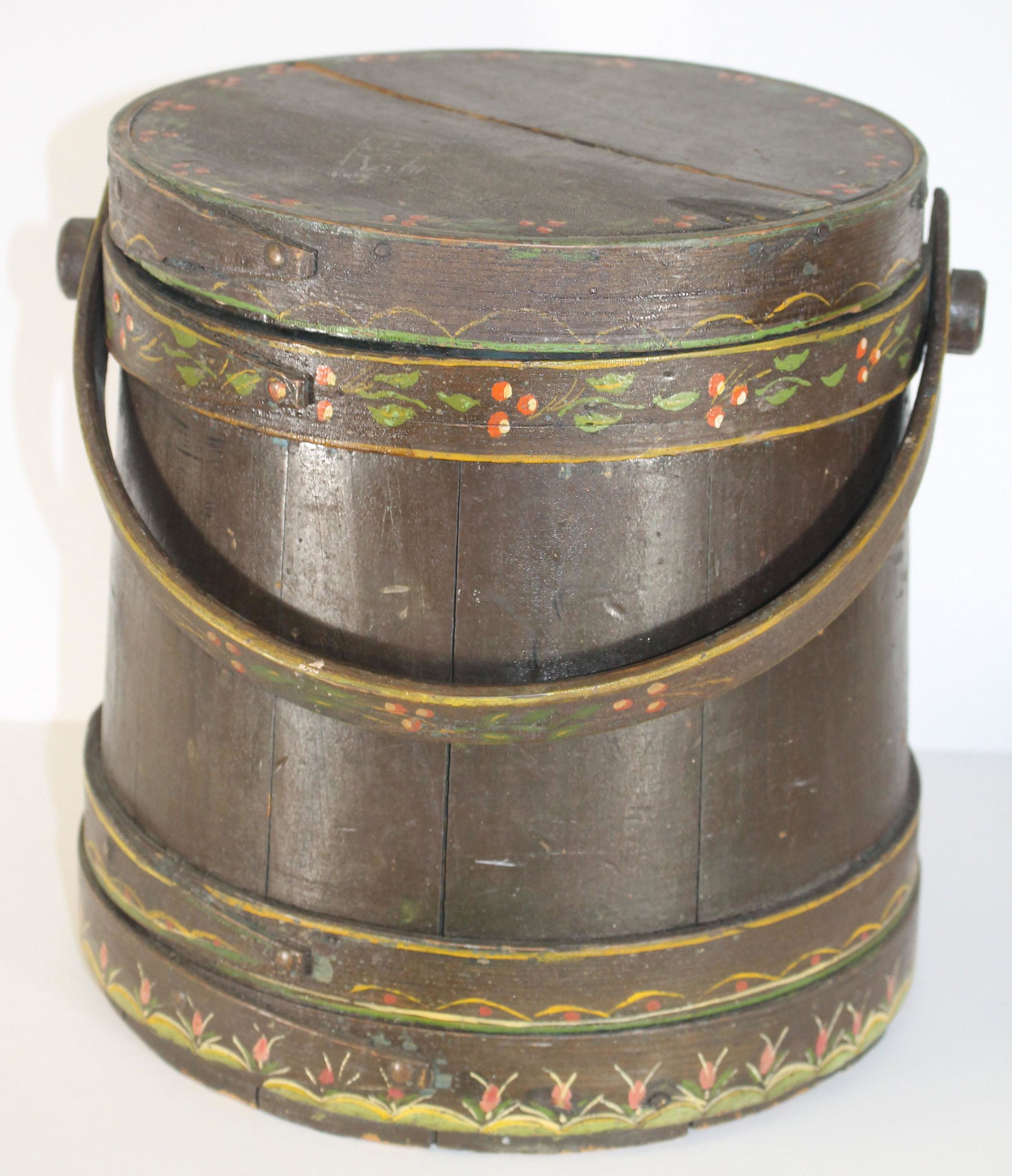 Antique firkin bucket w later paint dec traces - as: Antique firkin bucket w later paint dec traces - as found 10" tall