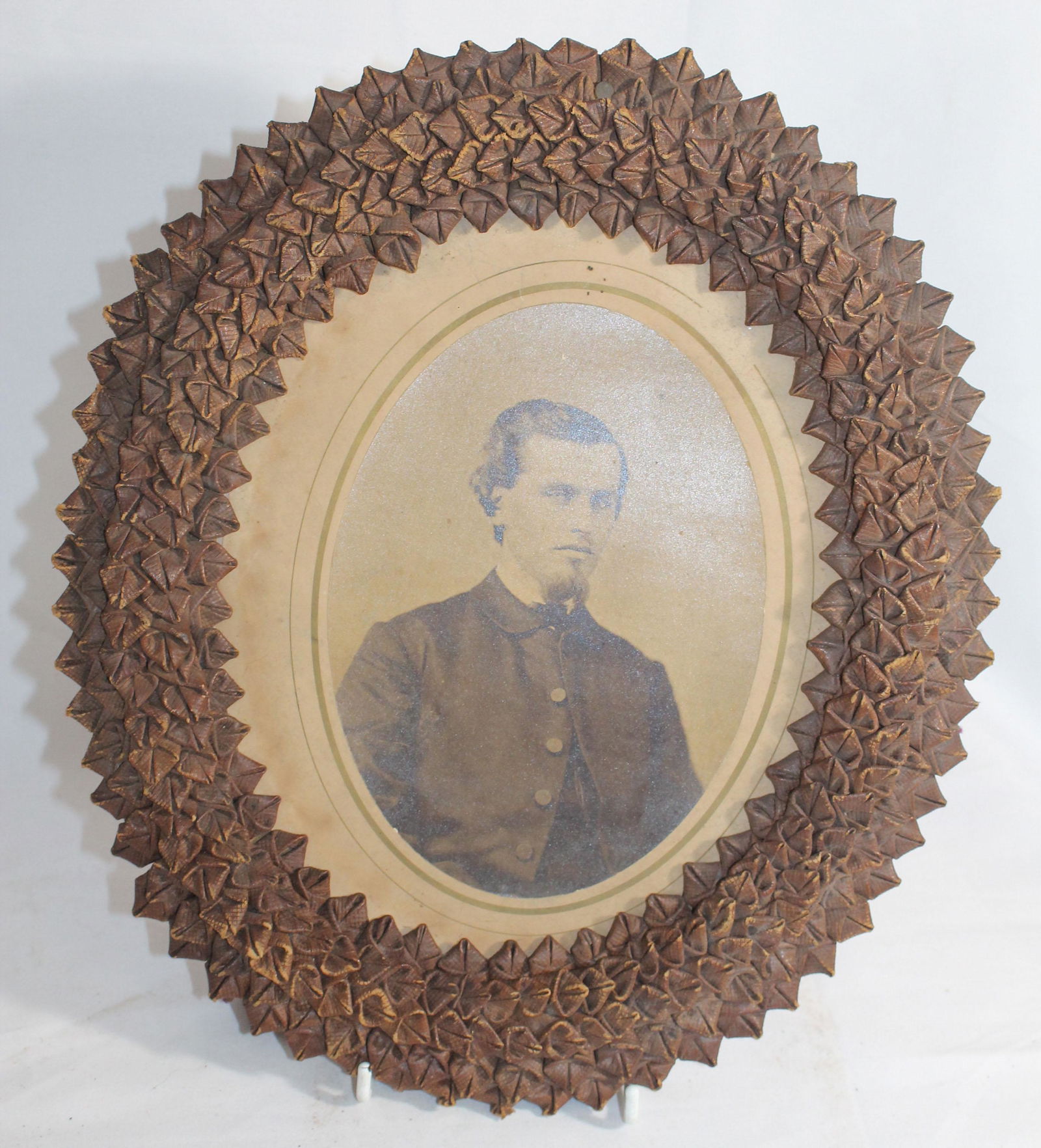 Antique leather frame w CW era photo - 12 3/4"x11 1/4" (1 of 4)