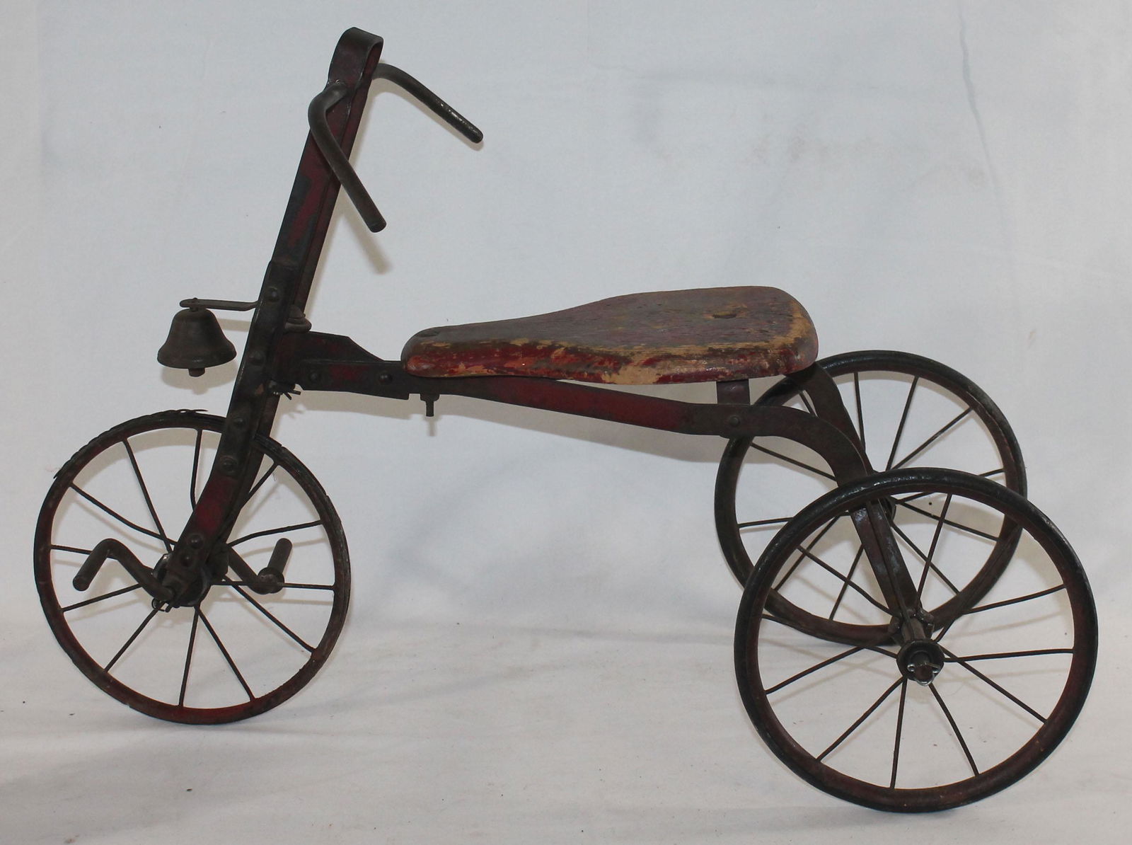 antique toy tricycle w red wooden seat - 25" long x 17" (1 of 3)