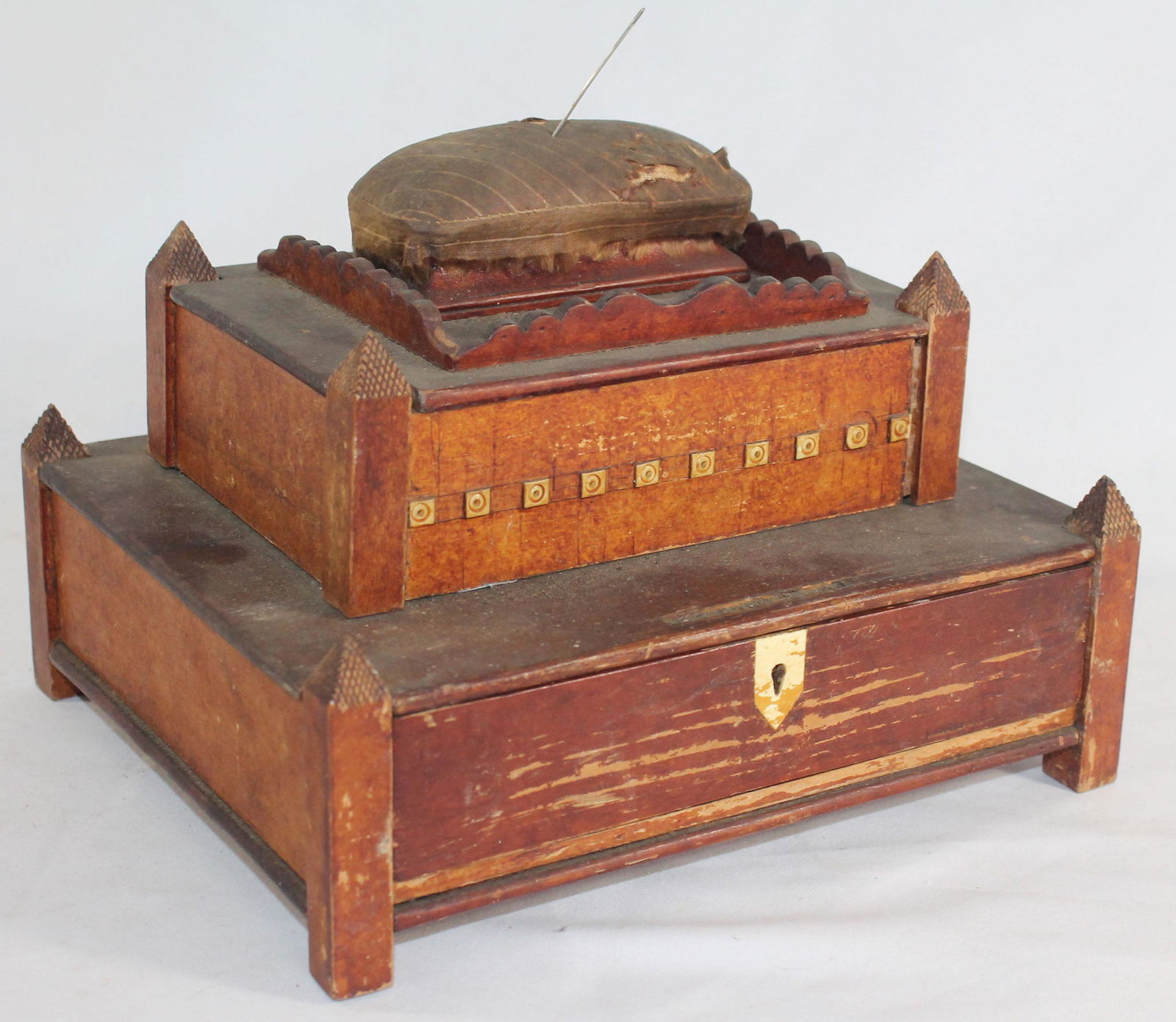 19thC Tramp Art 2 tier sewing box w 1 drawer & pin (1 of 7)