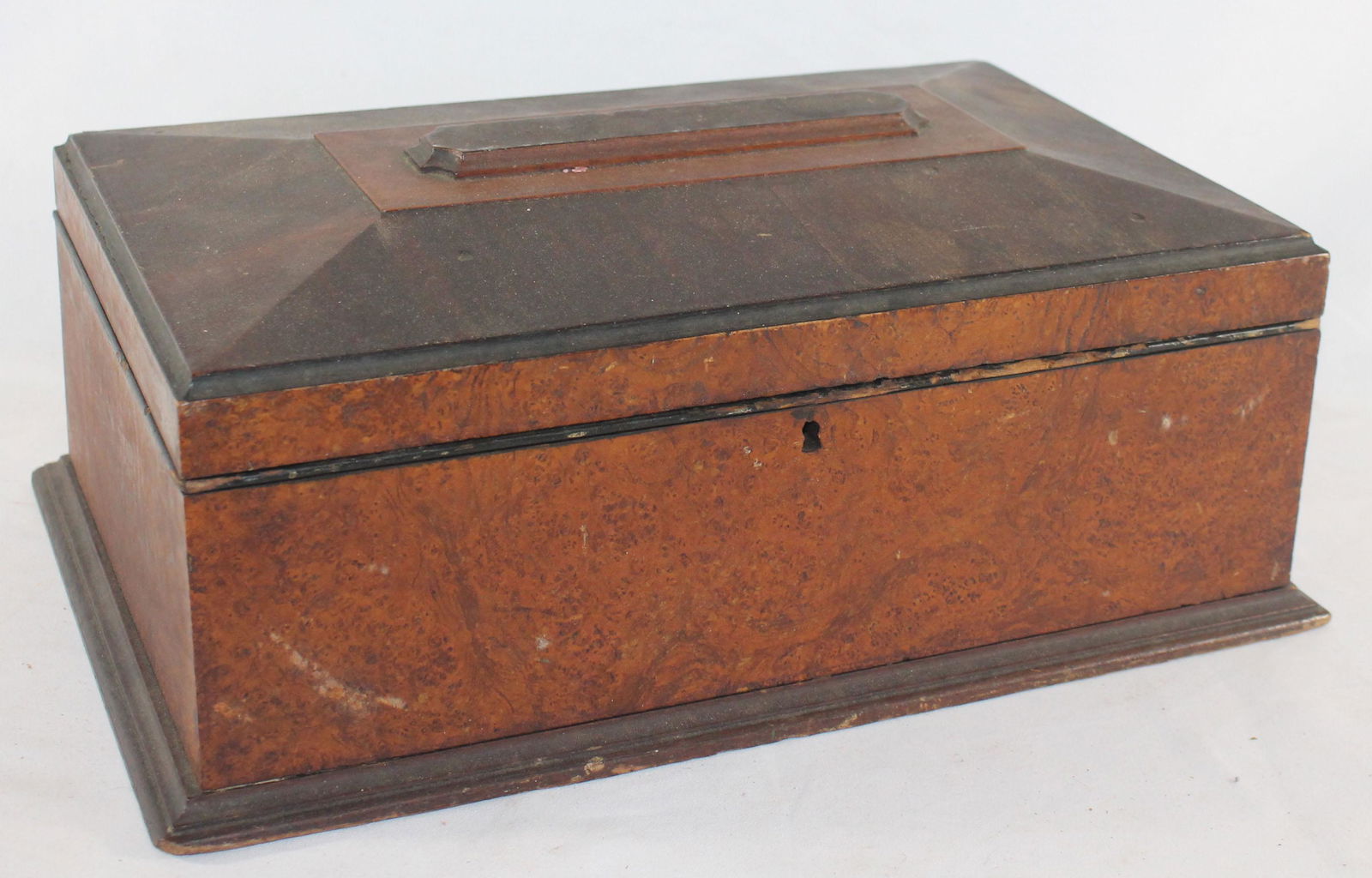 19thC sewing box in burl veneer w oval mirror & pin (1 of 3)