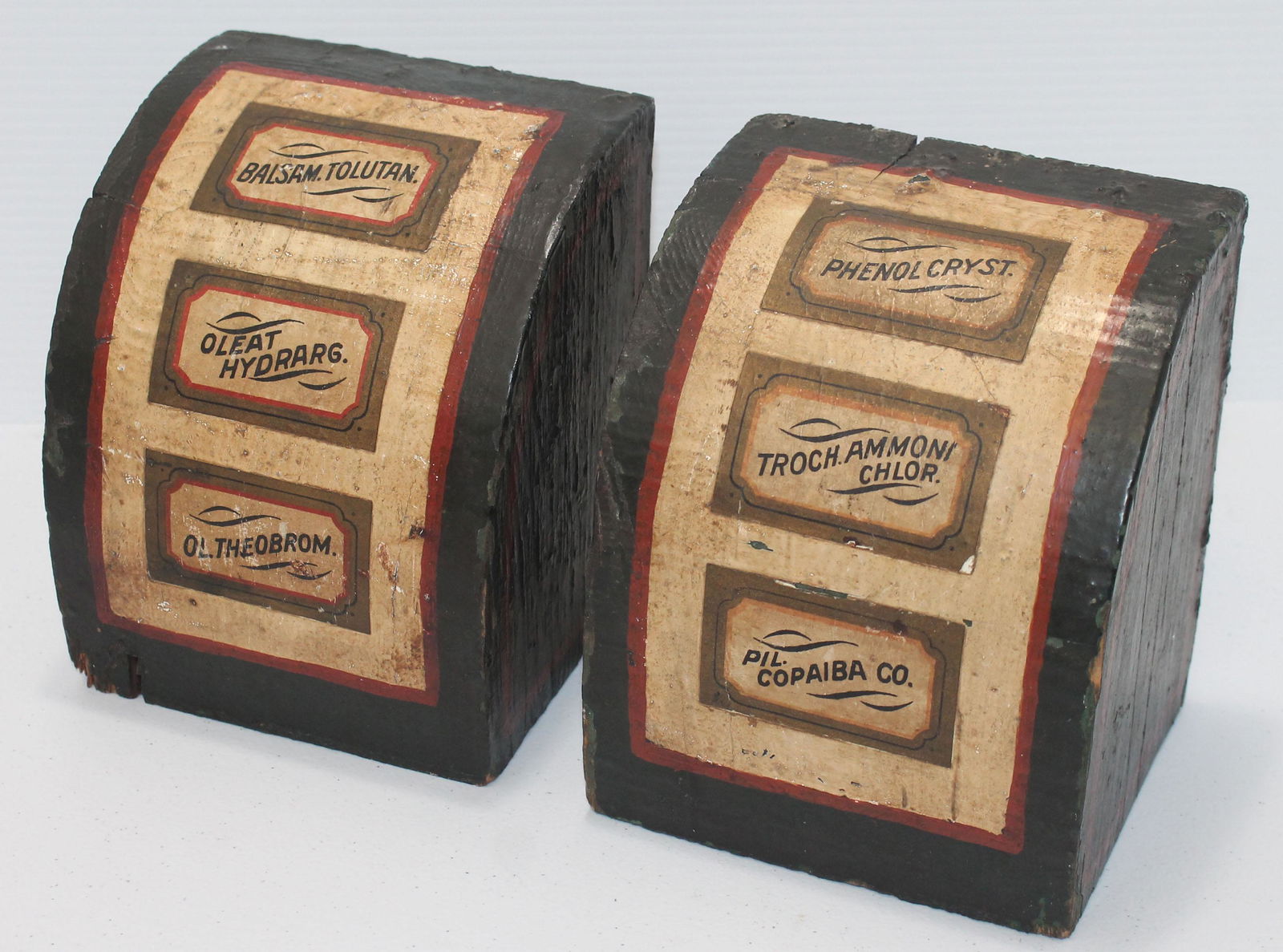 pr of antique wooden bookends w pharmacy label paint (1 of 7)