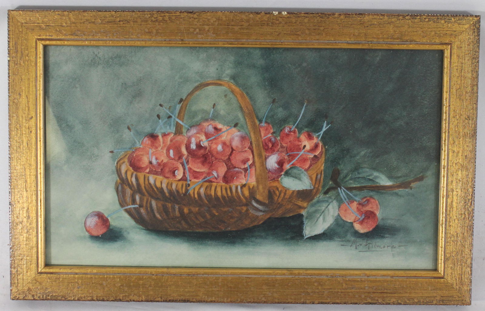 w/c still life of cherries in basket sgnd M.J. Gilmore (1 of 4)