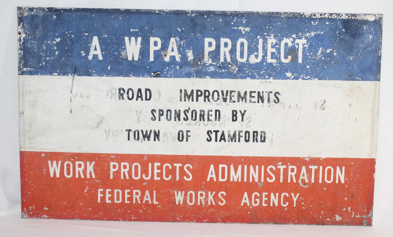 Sheet tin WPA trade sign in red, white & blue paint: Sheet tin WPA trade sign in red, white & blue paint from Stamford, CT - 18"x30"