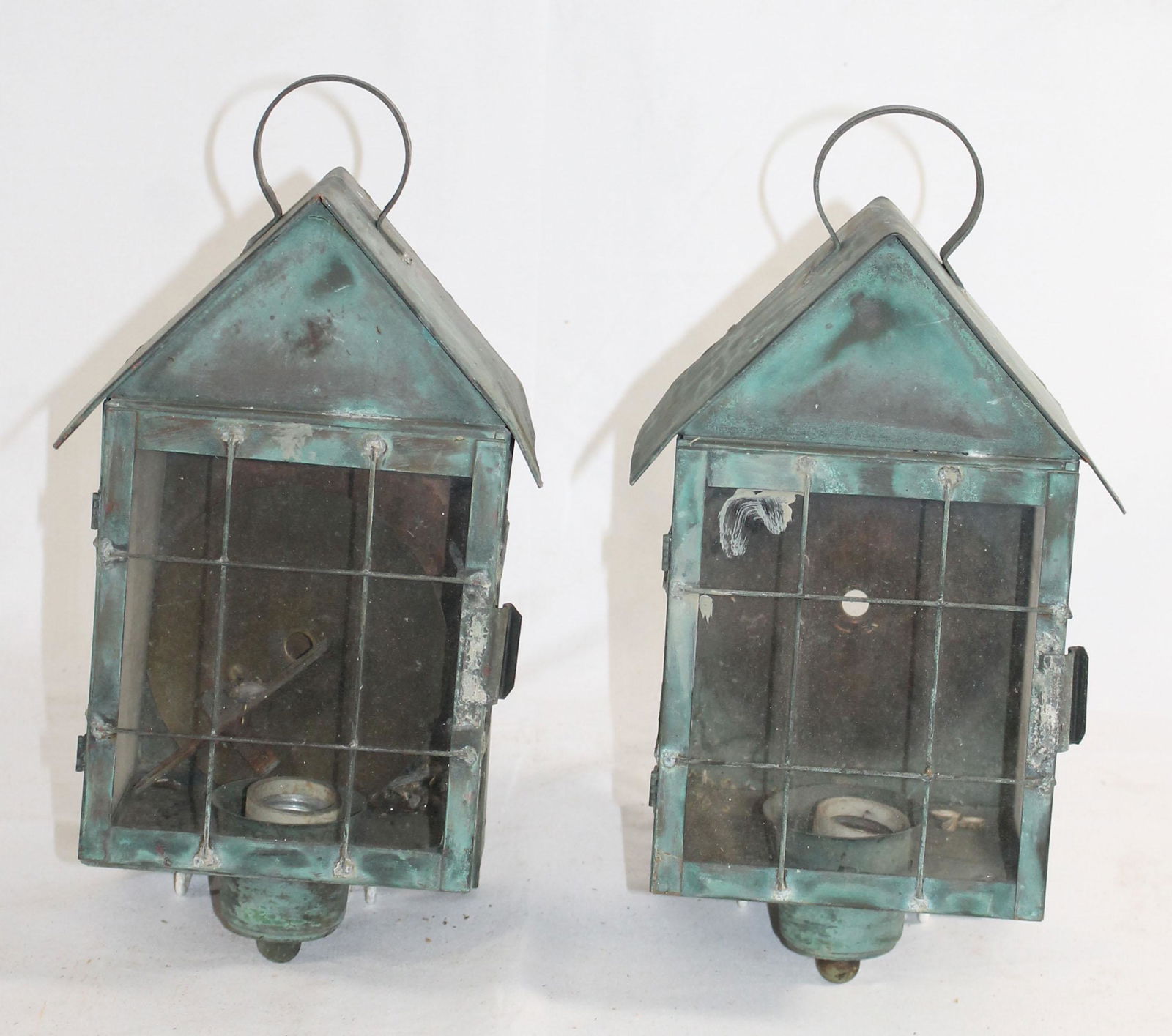 Pr of antique copper porch lanterns - 13" tall x 7" (1 of 5)