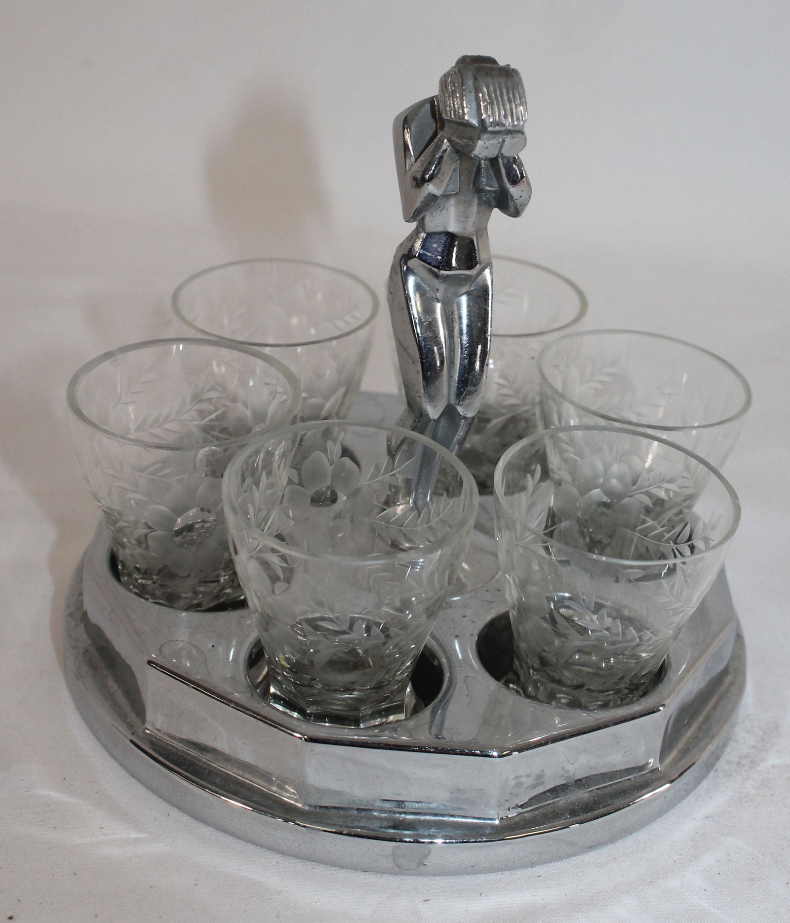 Art Deco chrome cordial holder w female figural center (1 of 4)