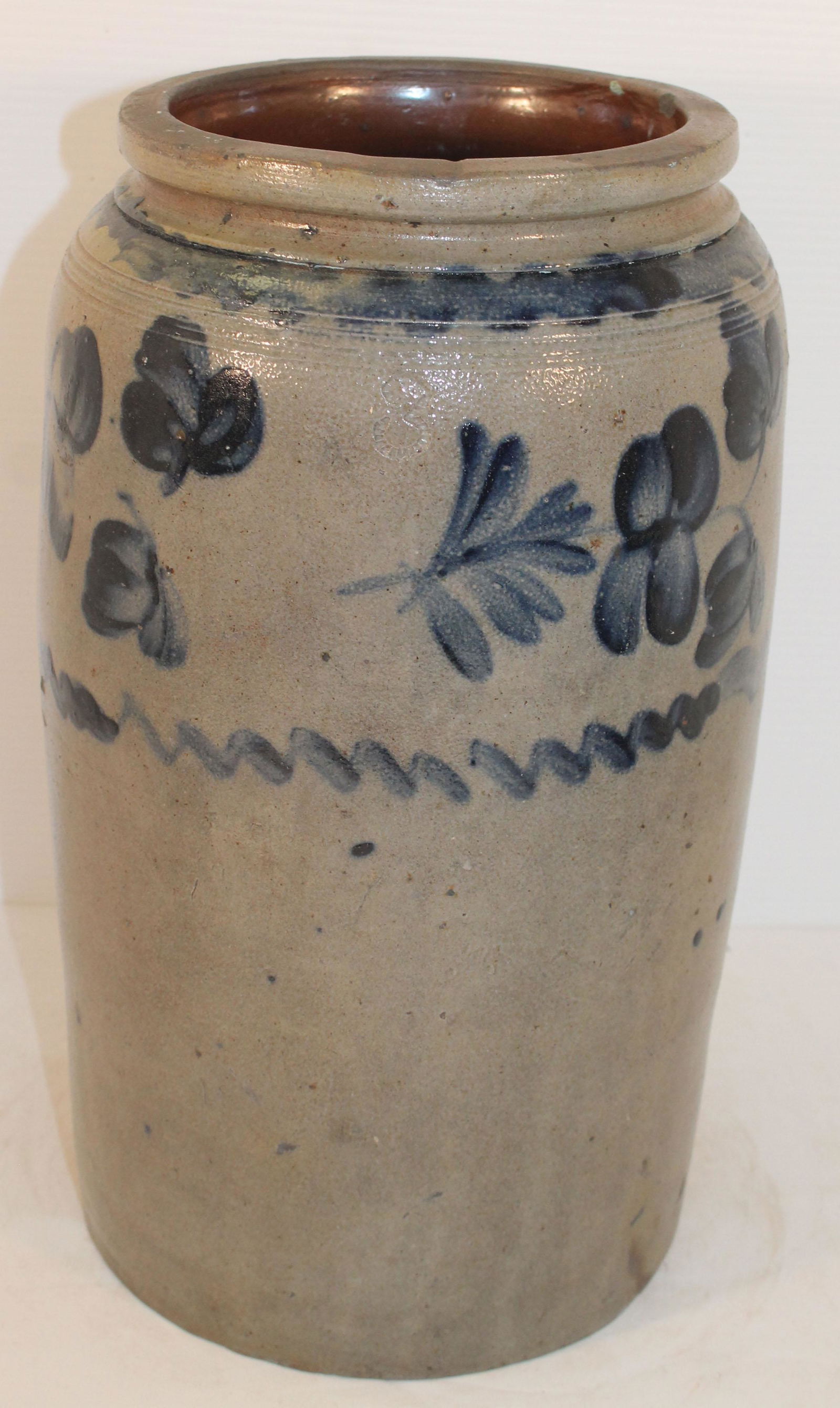 19thC Mid-Atlantic stoneware jar w cobalt dec - 15" (1 of 9)