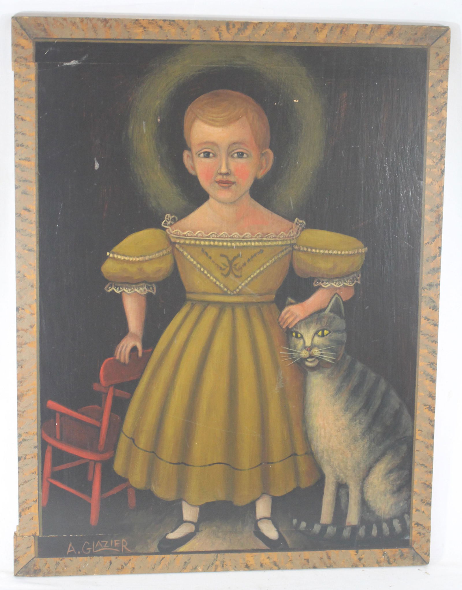 Folk Art Style portrait of a child w a cat o/bread (1 of 6)