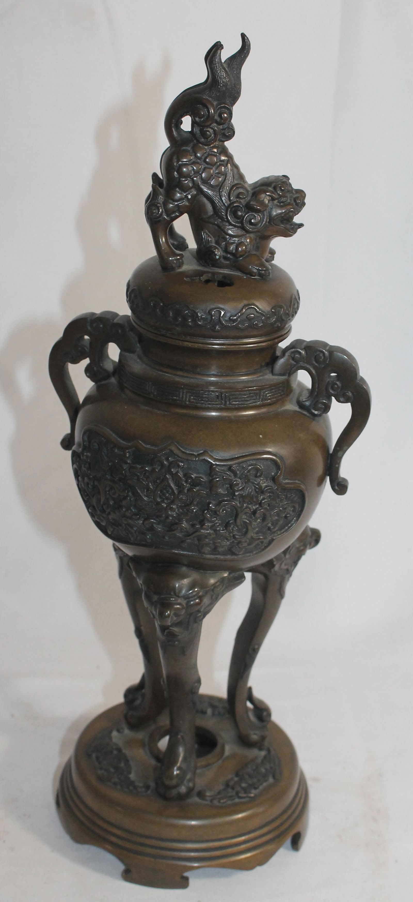Early 20thC bronze Asian incense burner - approx 13" (1 of 4)