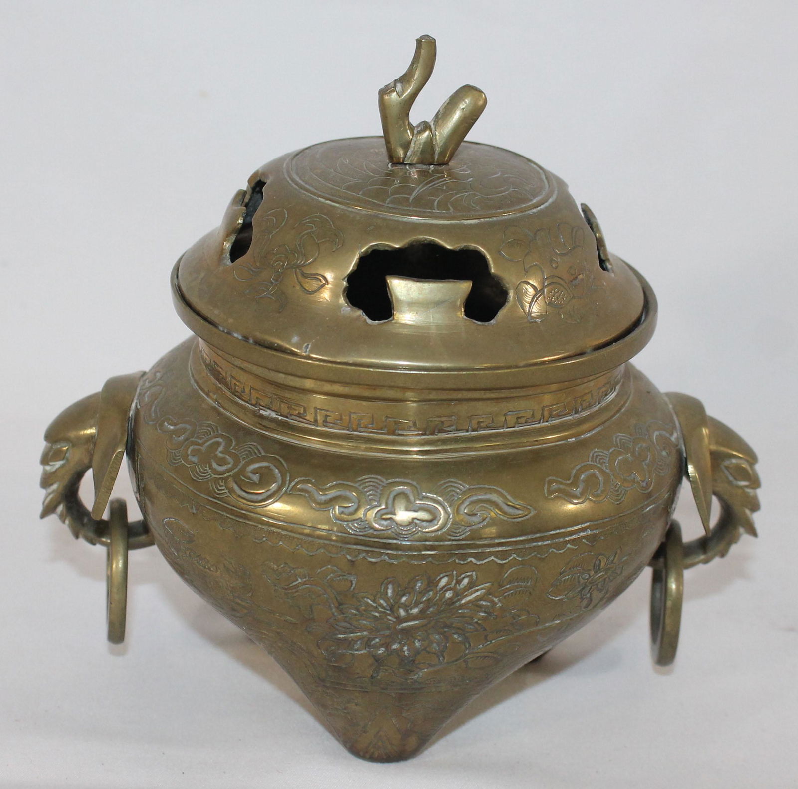 Vintage brass Asian incense burner w elephant handles - (1 of 5)