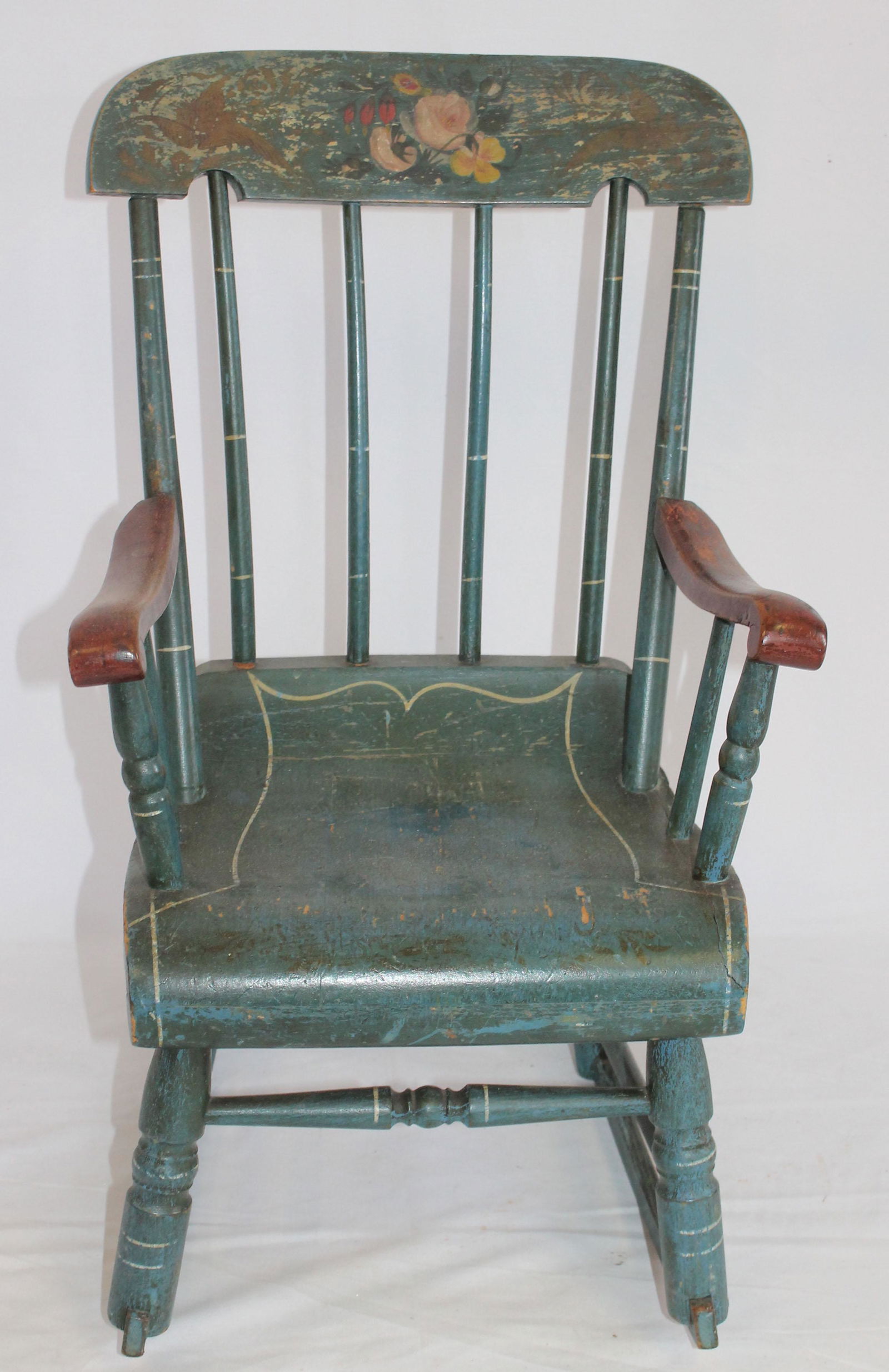 Antique child's rocker in blue paint w stencil dec (1 of 5)