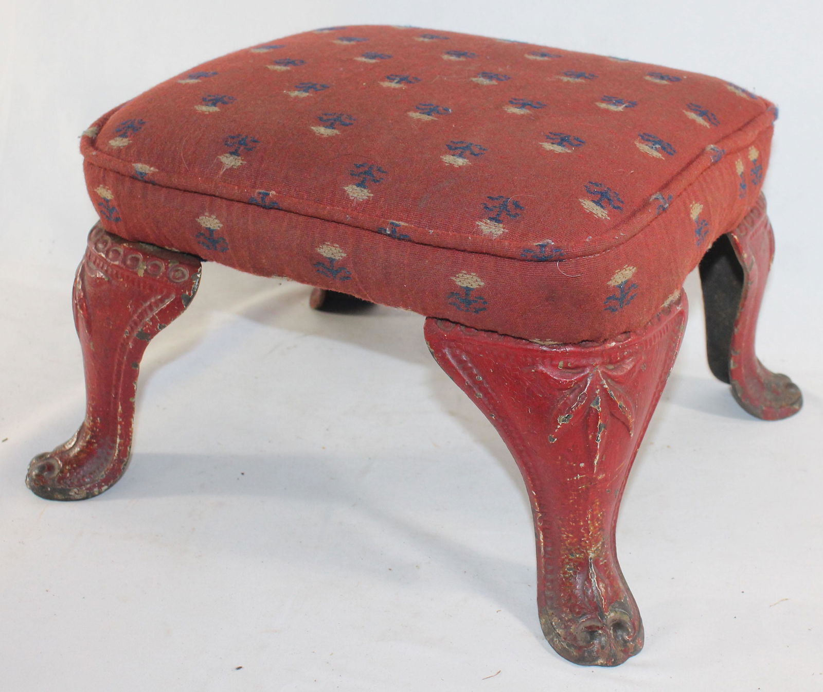 Antique footstool on iron legs in red paint - 9" tall x (1 of 3)