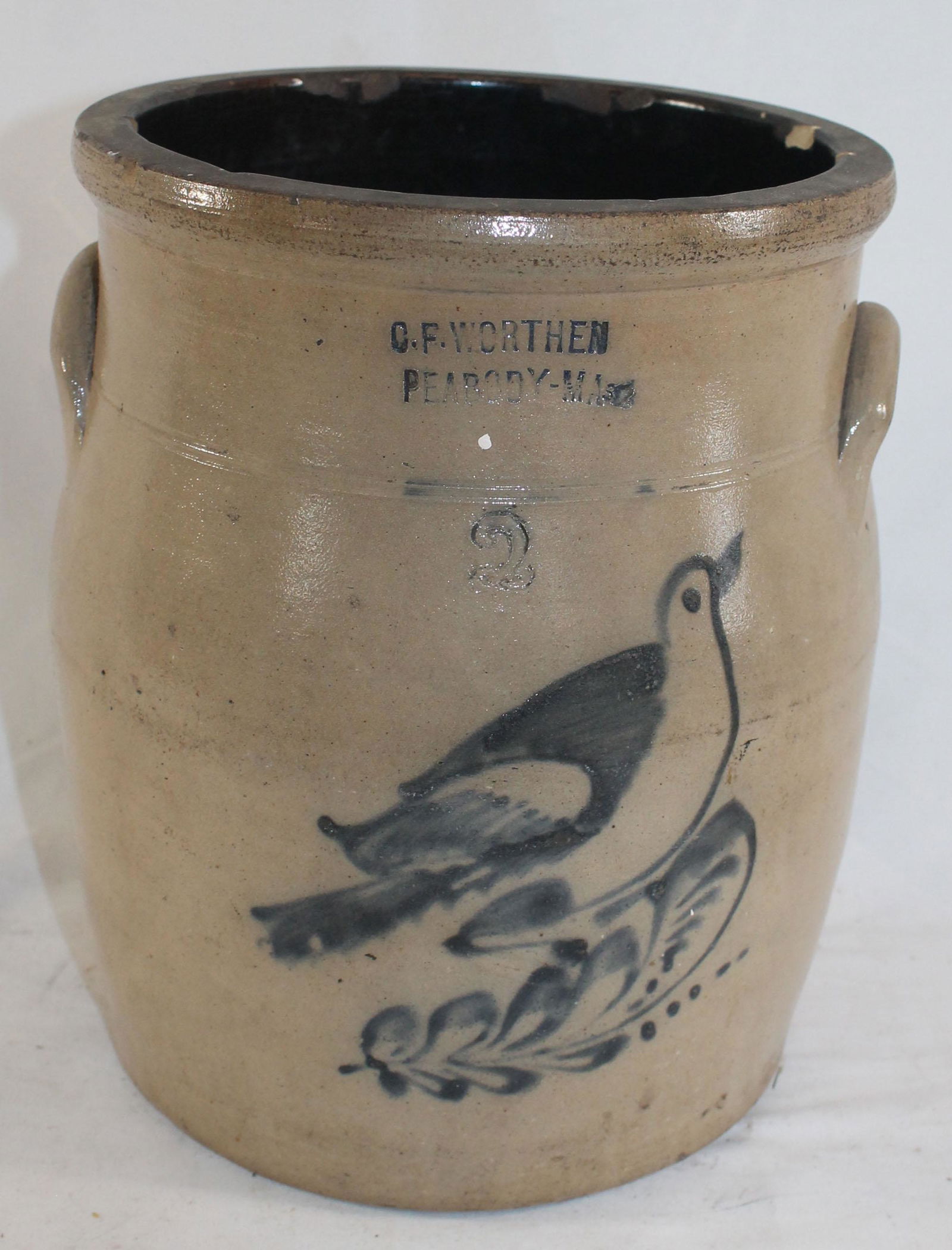 19thC stoneware crock w cobalt dec bird dec by CF (1 of 8)