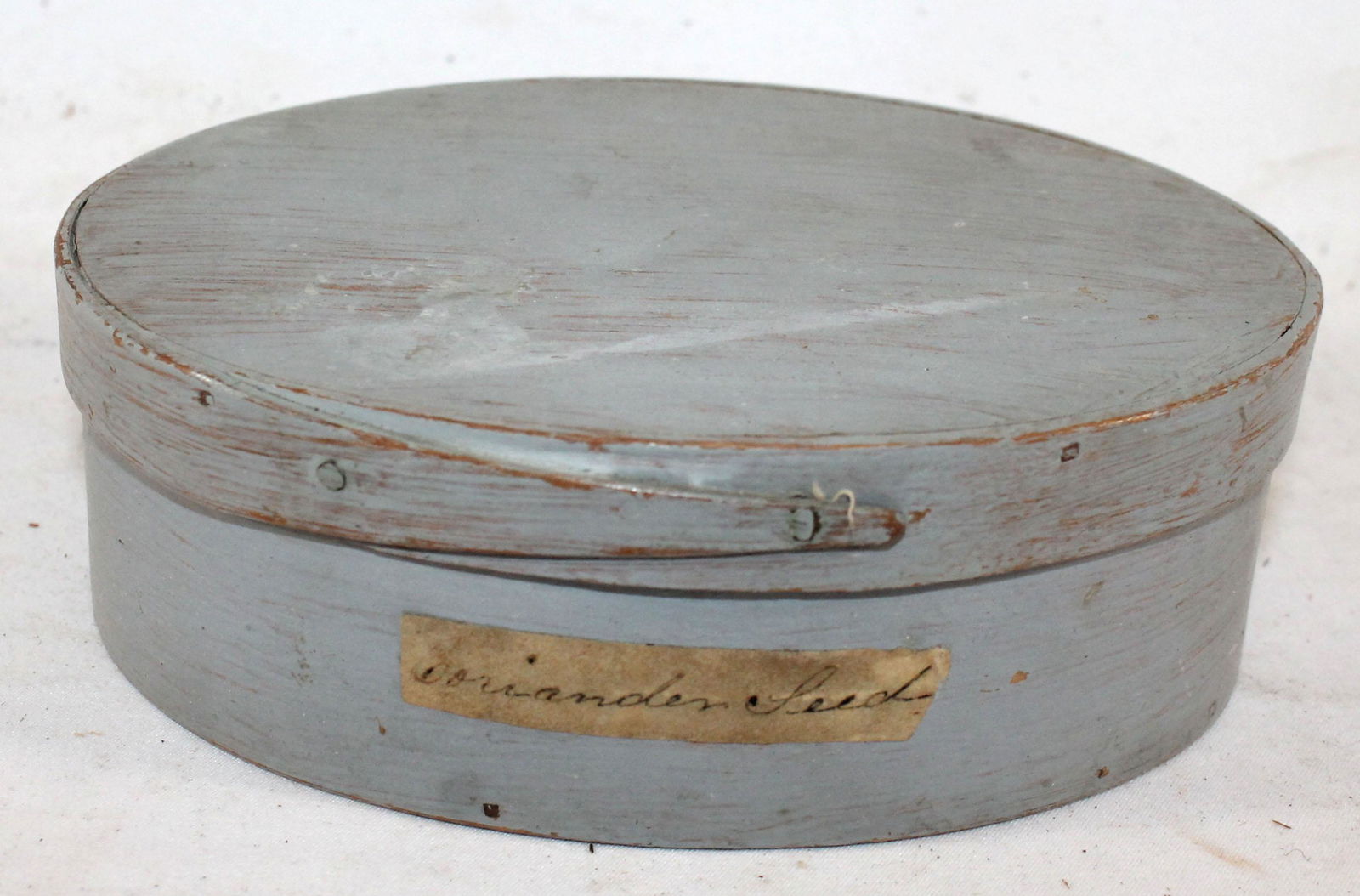 Antique finger lapped small oval pantry box in gray (1 of 6)