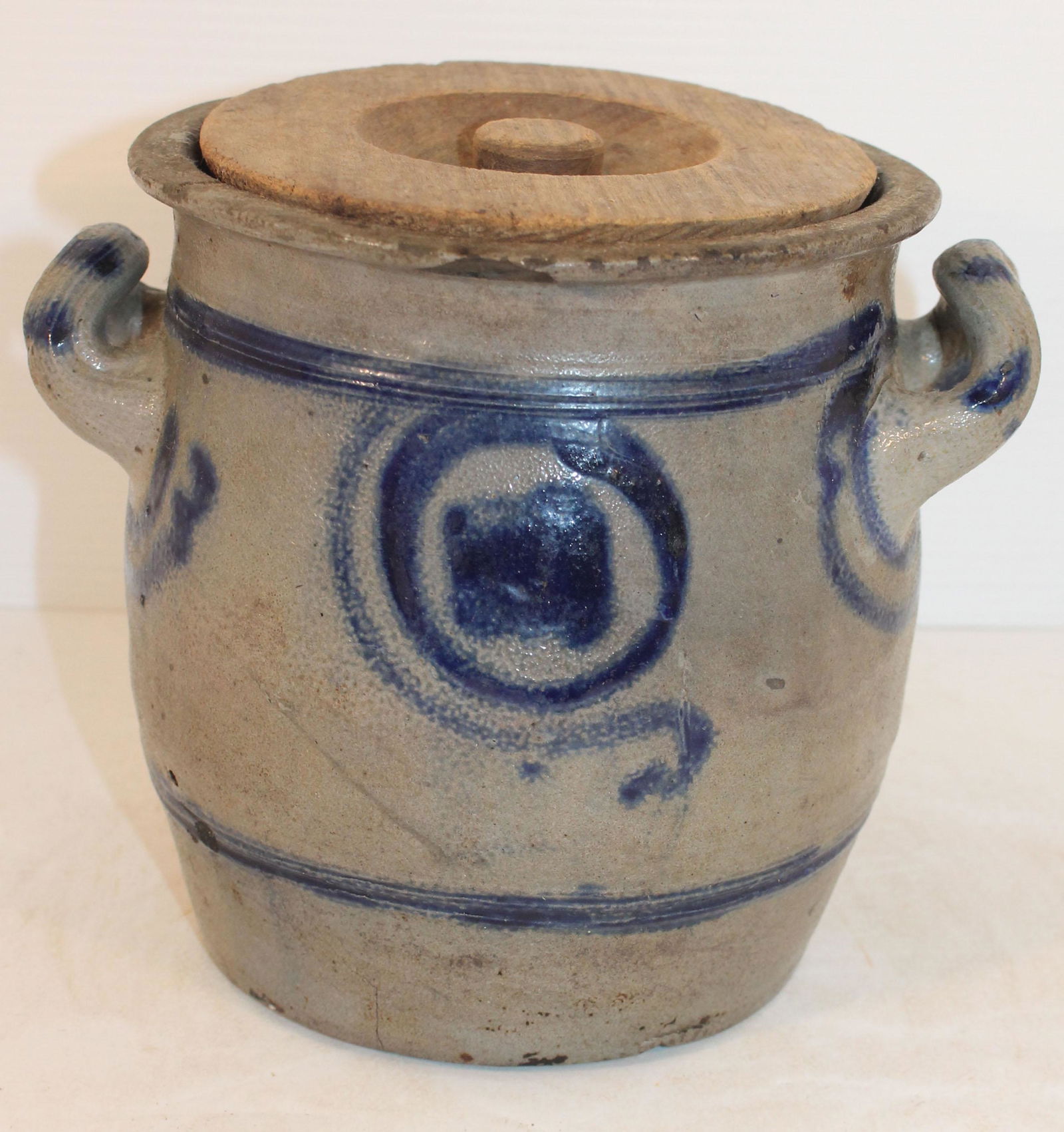 early 19thC German stoneware jar w cobalt dec & wooden (1 of 12)
