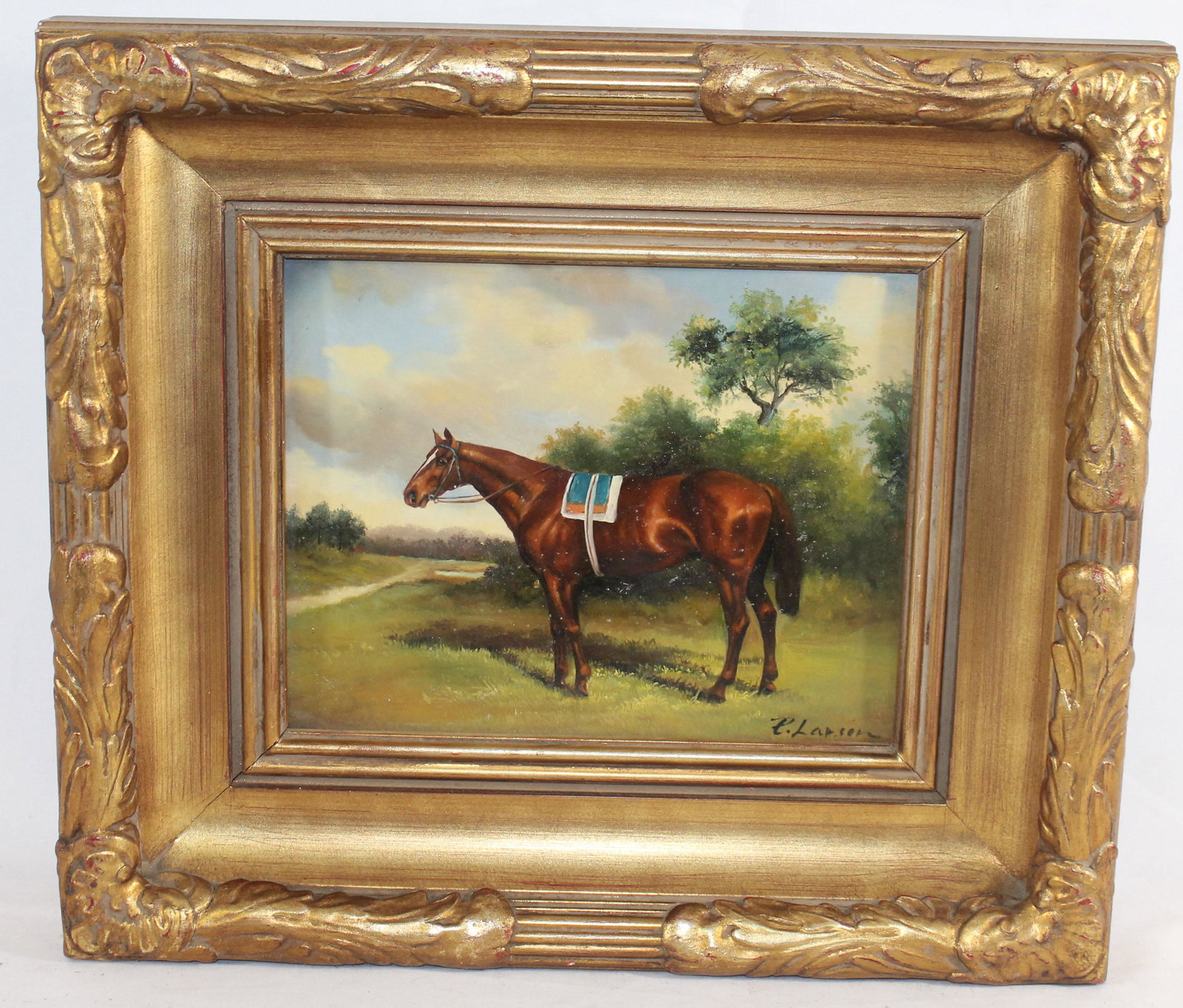 sgnd C. Larson o/panel of a racehorse - 14 1/2"x16 1/4": sgnd C. Larson o/panel of a racehorse - 14 1/2"x16 1/4" overall framed size