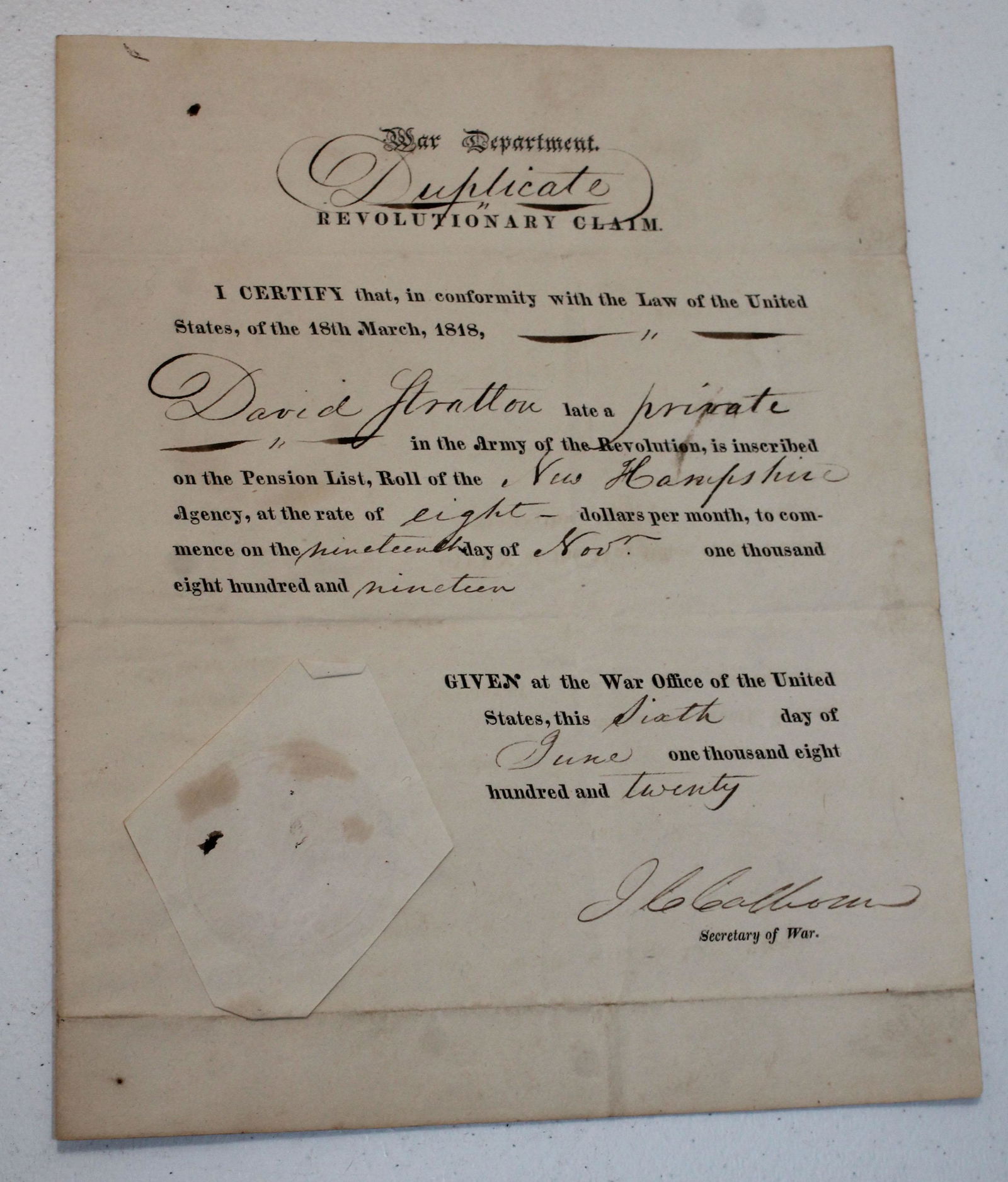Dated 1820 Rev. War NH soldier pension document w (1 of 7)