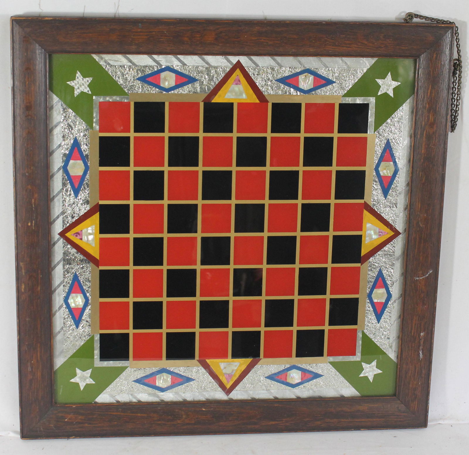 Vintage reverse painted on glass gameboard w MOP in oak (1 of 3)