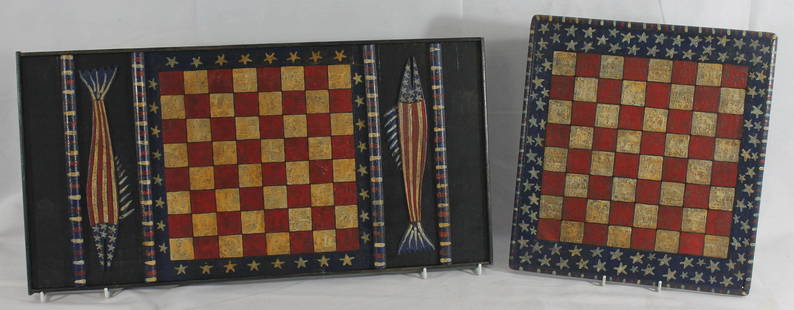 Lot of 2 wooden painted Patriotic gameboards in: Lot of 2 wooden painted Patriotic gameboards in contemporary Folk Art style sgnd H. Michman (?) 1 dated 2009 - 24 1/2"x12 1/4" checkerboard w fish & 12 1/2"x13 1/2" checkerboard