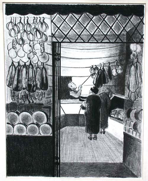 Rare John Sloan (1871-1951) 11x14 charcoal & crayon: Rare John Sloan (1871-1951) 11x14 charcoal & crayon meat market/deli scene