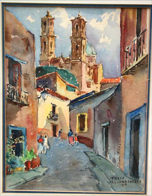 Millard Sheets very colorful 10 x 7 3/4 w/c (sight: Millard Sheets very colorful 10 x 7 3/4 w/c (sight size) titled "Taxco" dtd 1926