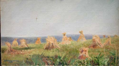 Leonard Ochtman (initialed D.O - his daughter Dorot: Leonard Ochtman (initialed D.O - his daughter Dorothy Ochtman) 10 x 18 o/bd Olde Lyme School landscape w haystacks - from Estate of Leonard Ochtman