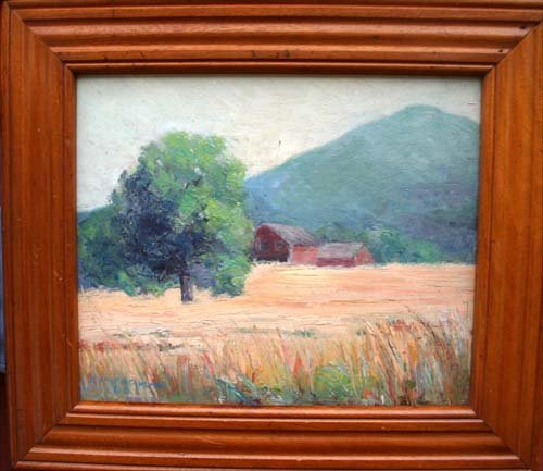 Leonard Ochtman (initialed D.O - his daughter Dorot: Leonard Ochtman (initialed D.O - his daughter Dorothy Ochtman) 11x13 o/p Olde Lyme School landscape w red barn & mountain background - from Estate of Leonard Ochtman