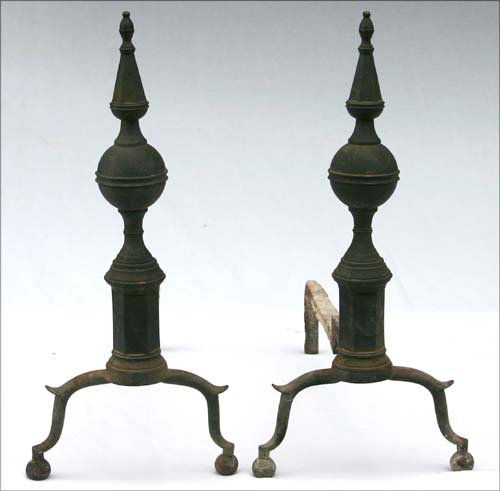 small pr of ca 1815 NY Whittingham steeple top bras: small pr of ca 1815 NY Whittingham steeple top brass andirons in untouched as found condition