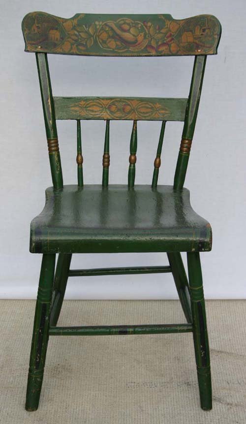 ca 1830 PA plank seat Windsor side chair in green p: ca 1830 PA plank seat Windsor side chair in green paint w most unusual bird & village painted dec