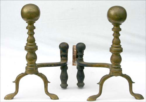 early 19thC Boston ball top brass andirons: early 19thC Boston ball top brass andirons