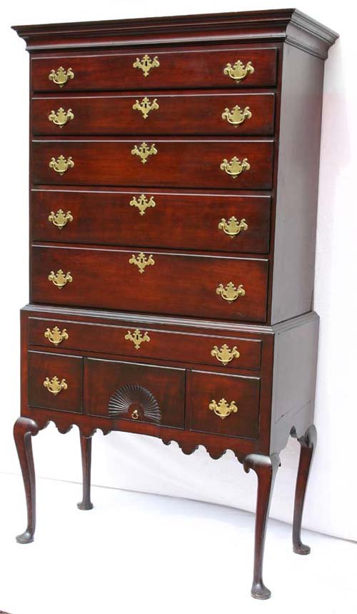 Important 18thC period CT River Valley school of E: Important 18thC period CT River Valley school of Eliphalet Chapin made in the Spfld/Northampton, MA area cherry fan carved scalloped skirt highboy