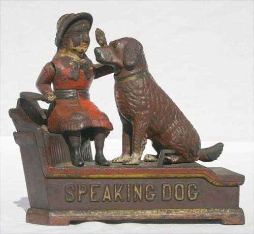 pat'd 1885 cast iron Speaking Dog mechanical bank: pat'd 1885 cast iron Speaking Dog mechanical bank by Shephard Hardware