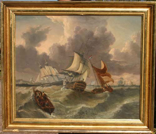 Important Chester Harding (1792-1866) 25x29 ¼ o/c: Important Chester Harding (1792-1866) 25x29 ¼ o/c rare marine scene w multiple boats on a stormy sea dtd 1828 (Harding was born in Conway, NH & lived & worked in Boston, Spfld, Northampton & Pittsfie