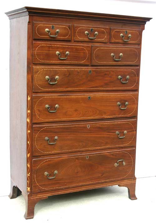 period Hepplewhite 3 over 2 over 4 dr Western PA w: period Hepplewhite 3 over 2 over 4 dr Western PA walnut tall chest on flared French feet w beautiful barber pole & vine inlay