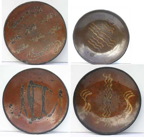 Lot of 4 19th C redware slip dec plates - 8 1/2" -: Lot of 4 19th C redware slip dec plates - 8 1/2" - 10 1/2"
