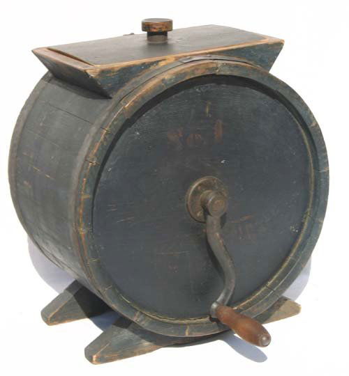 319 antique table top butter churn in old blue paint