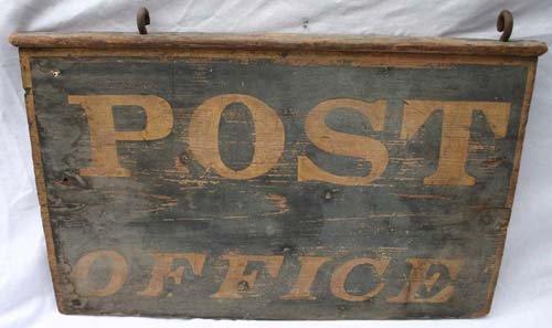 19thC dbl sided 16x25 wooden ptd Post Office sign: 19thC dbl sided 16x25 wooden ptd Post Office sign