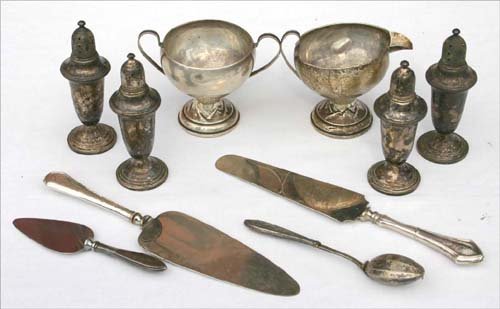 antique sterling silver lot incl sugar & creamer, : antique sterling silver lot incl sugar & creamer, salt & peppers, tea strainer, bud vase & serving pcs - approx 11pcs