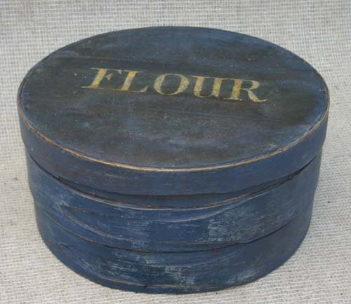 ca 1870 round blue painted fingered pantry box w t: ca 1870 round blue painted fingered pantry box w the word "Flour" painted on lid - 7" tall x 14 3/4" diam