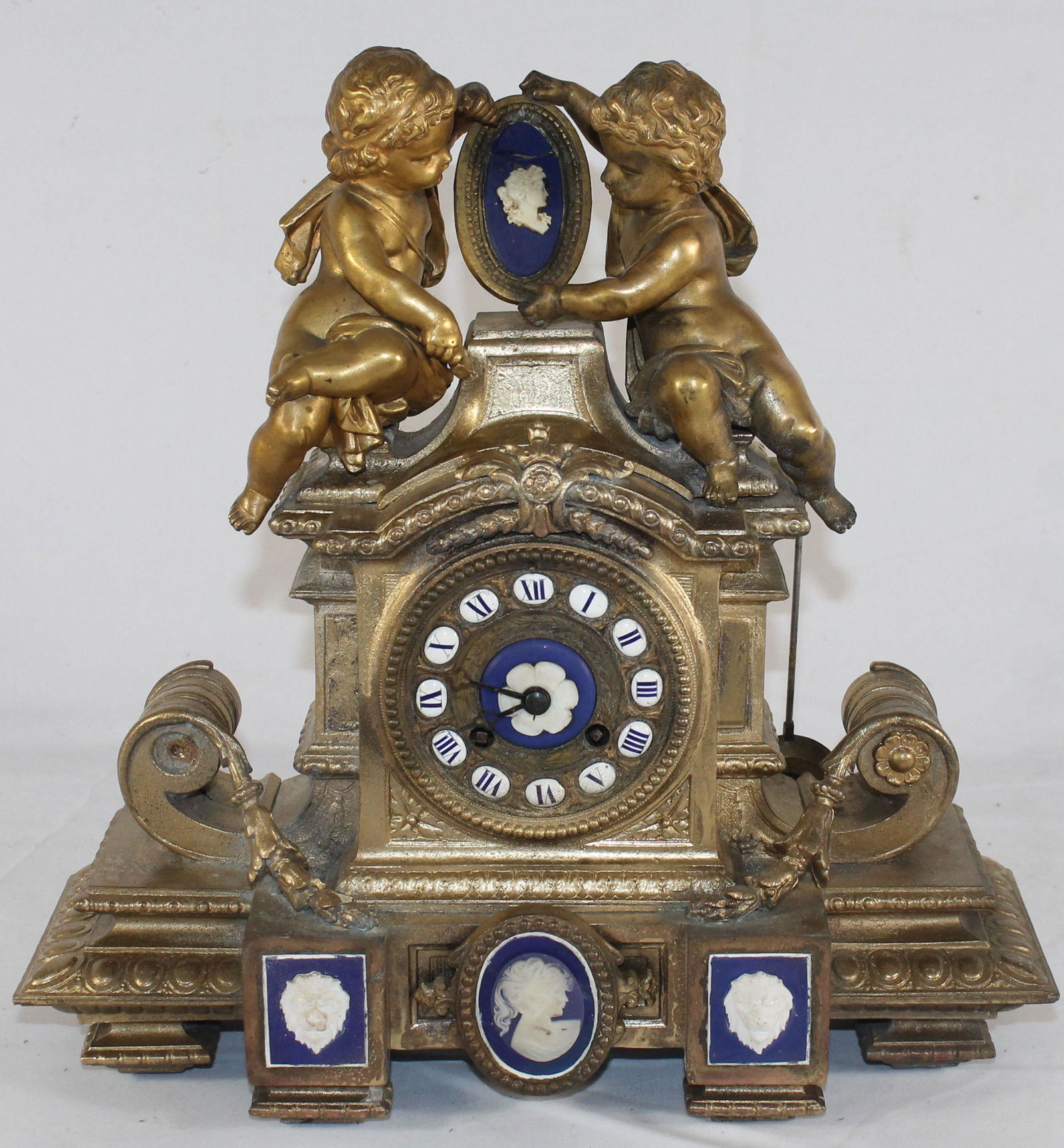 Antique French clock w bronze putti - 13" tall x 13" (1 of 6)