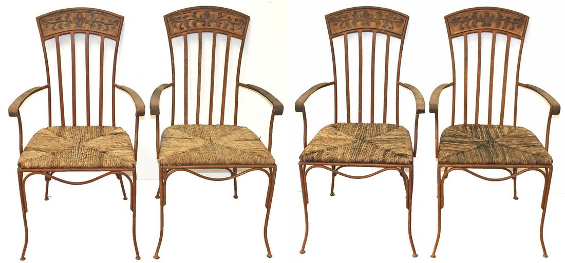 Set of 4 iron garden armchairs w dec crest & rush seats (1 of 13)